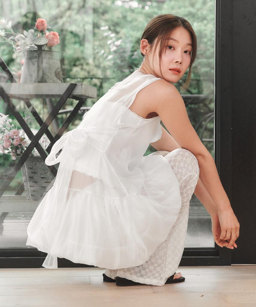 LOSSYROW Sheer Ribbon Balloon Dress White