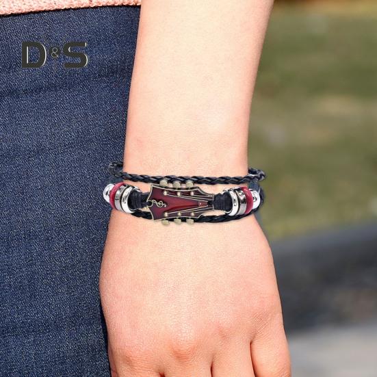 2/3 ks Náramek na punkovou kytaru Retro umělá kůže Zinková slitina Rock Music Náramek Ručně vyrobený pletený vícevrstvý zavinovací náramek pro muže