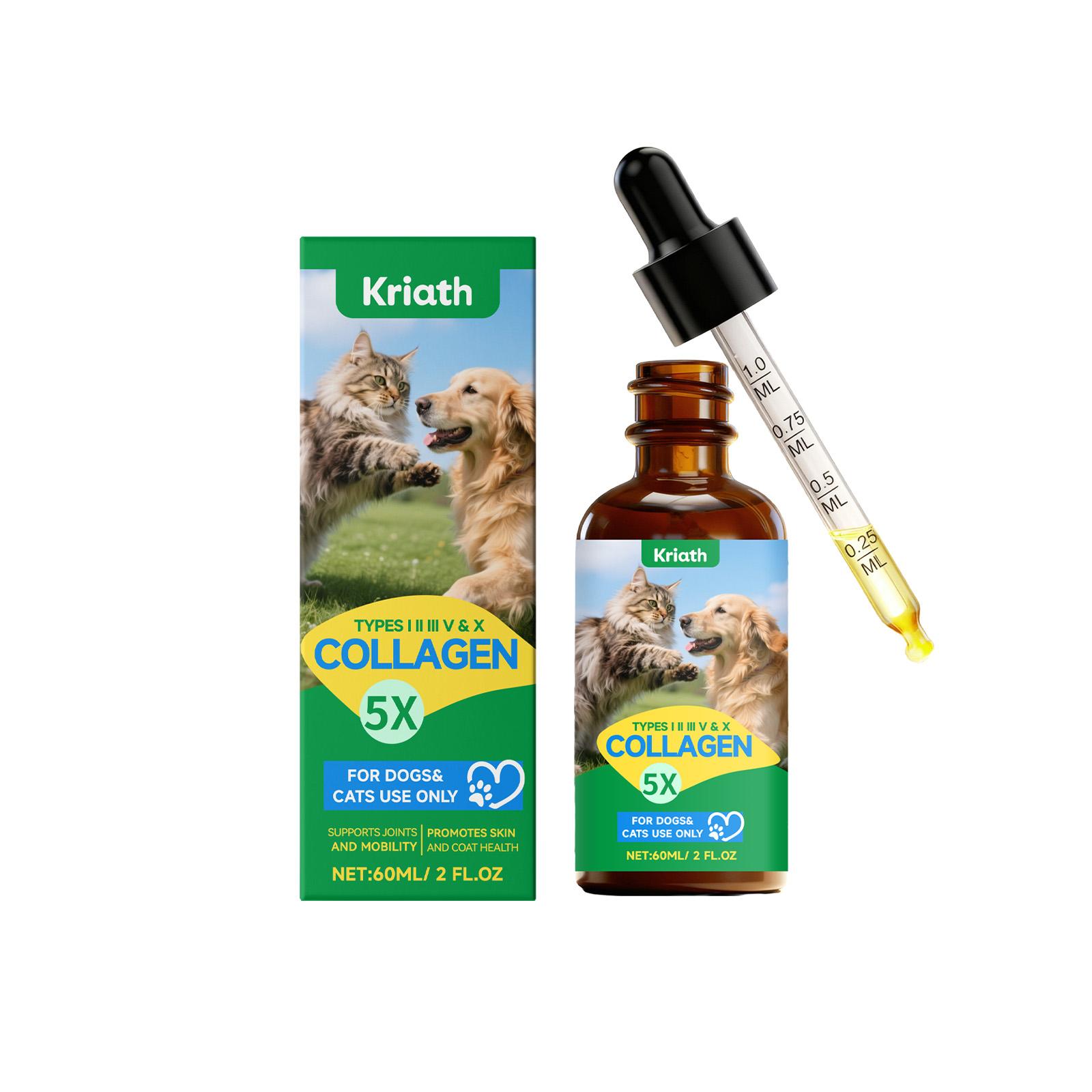 Kriath Pet Коллагеновые капли 60 мл, для кошек и собак. уход за суставами, здоровье кожи, здоровье шерсти, здоровье кишечника, укрепление иммунитета для домашних животных.
