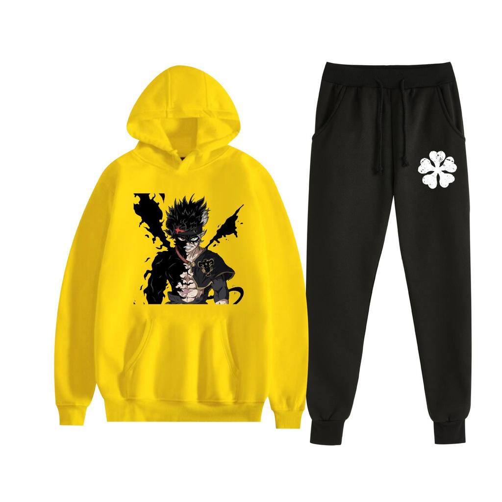 Europe, America, Autumn and Winter Black Four-leaf Clover Peripheral Two-dimensional Men's and Women's Leisure Sports Fleece Hooded Sweater Set 