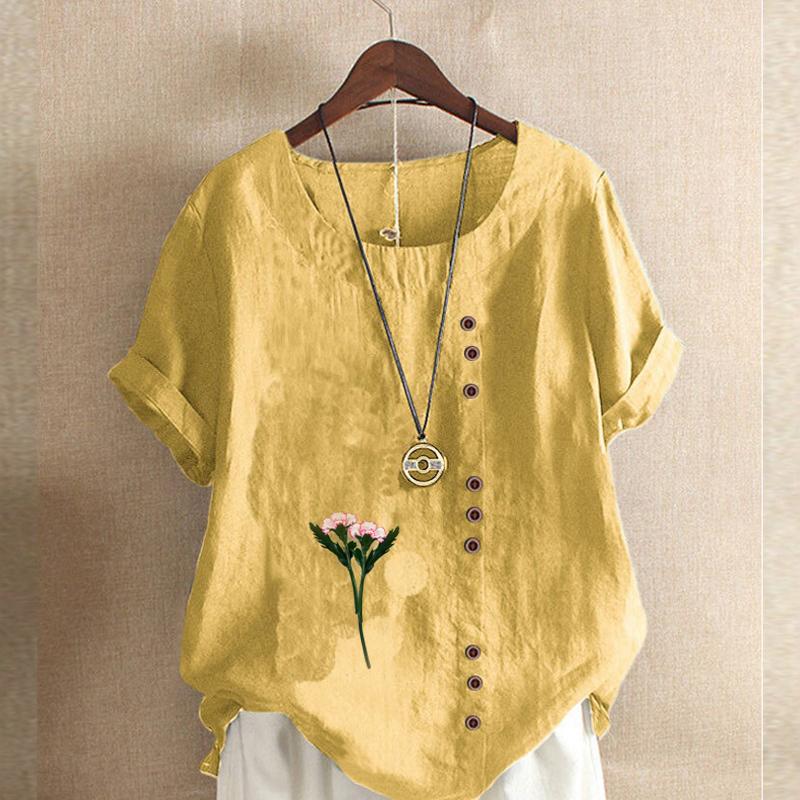 Women's Fashion Flowers Prined Round Neck Short Sleeve T-shirt Casual Cotton Linen Graphic Shirt Leisure Loose Summer Blouse Tops