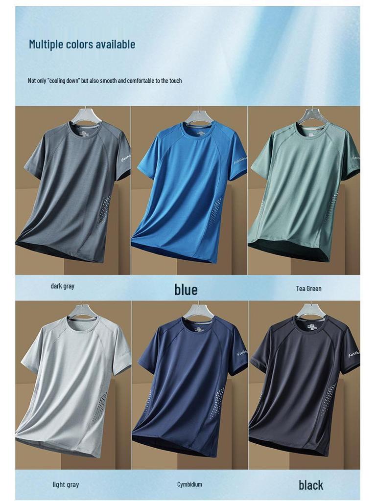 Men's Quick-Dry Stretch Sports T-Shirt - Breathable, Sweat-Wicking, Crew Neck, Ice Silk Short Sleeve