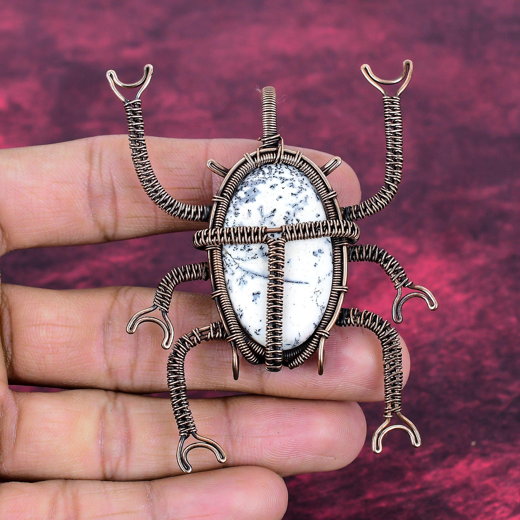 Dendrite Opal Gemstone Pendant Unique Beetle Pendant Copper Wire Wrapped Jewelry