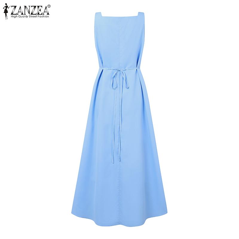 ZANZEA Women Casual Square Collar Summer Sleeveless Long Dress