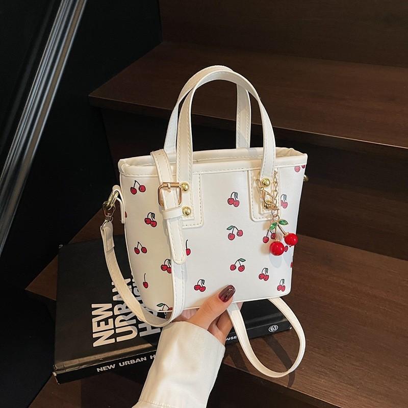 Cherry Handbag Water Bucket Pu Fashion Tote With Zipper Closure For Daily Use