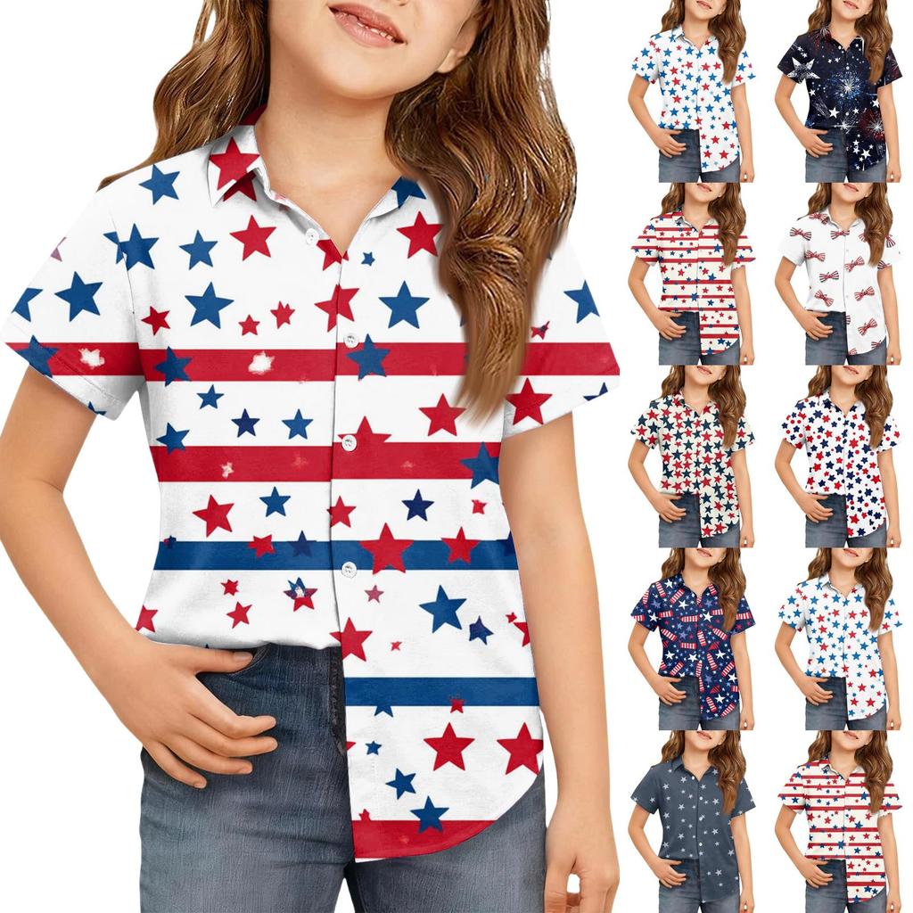 Summer Girls' Short Sleeve Blouse School Uniform Button-Up Shirt Kids Summer School Uniform Button Down Shirt