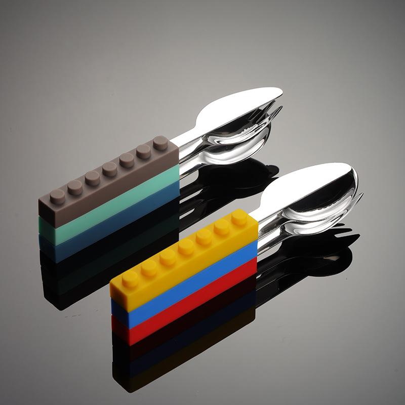 304 Stainless Steel Building Block Knife Fork Spoon Silicone Handle Children Western Food Maternal and Infant Feeding Tableware Toys