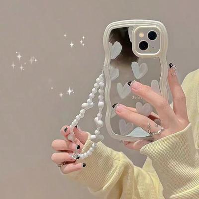 Husă de telefon cu oglindă în formă de inimă cu ramă ondulată pentru iPhone 15 14 13 12 11 Pro Max X XR husă de telefon la modă pentru fete cu brățară