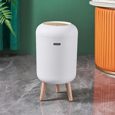 Round High-Foot Trash Can with Wood Grain Lid - Large Capacity for Kitchen & Bathroom