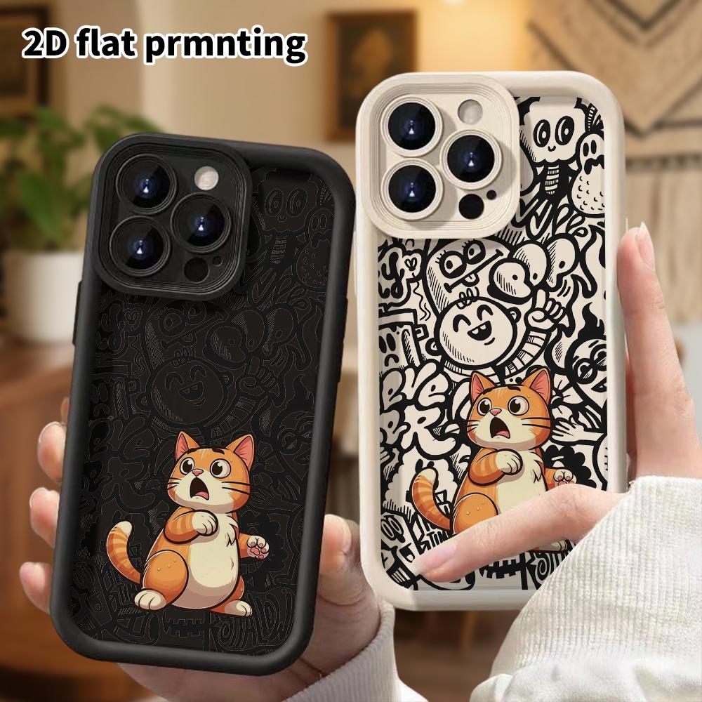 Phone case: 2D flat design suitable for iPhone 18 17 16 15 14 13 Pro tiered protective case, surprised orange cat, Christmas and Halloween gift