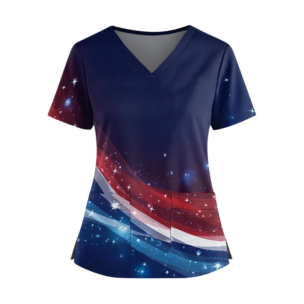 Women's Independence Day Print V-Neck Double Pocket Short Sleeve Uniform with Slit Hem - Caregiver Top