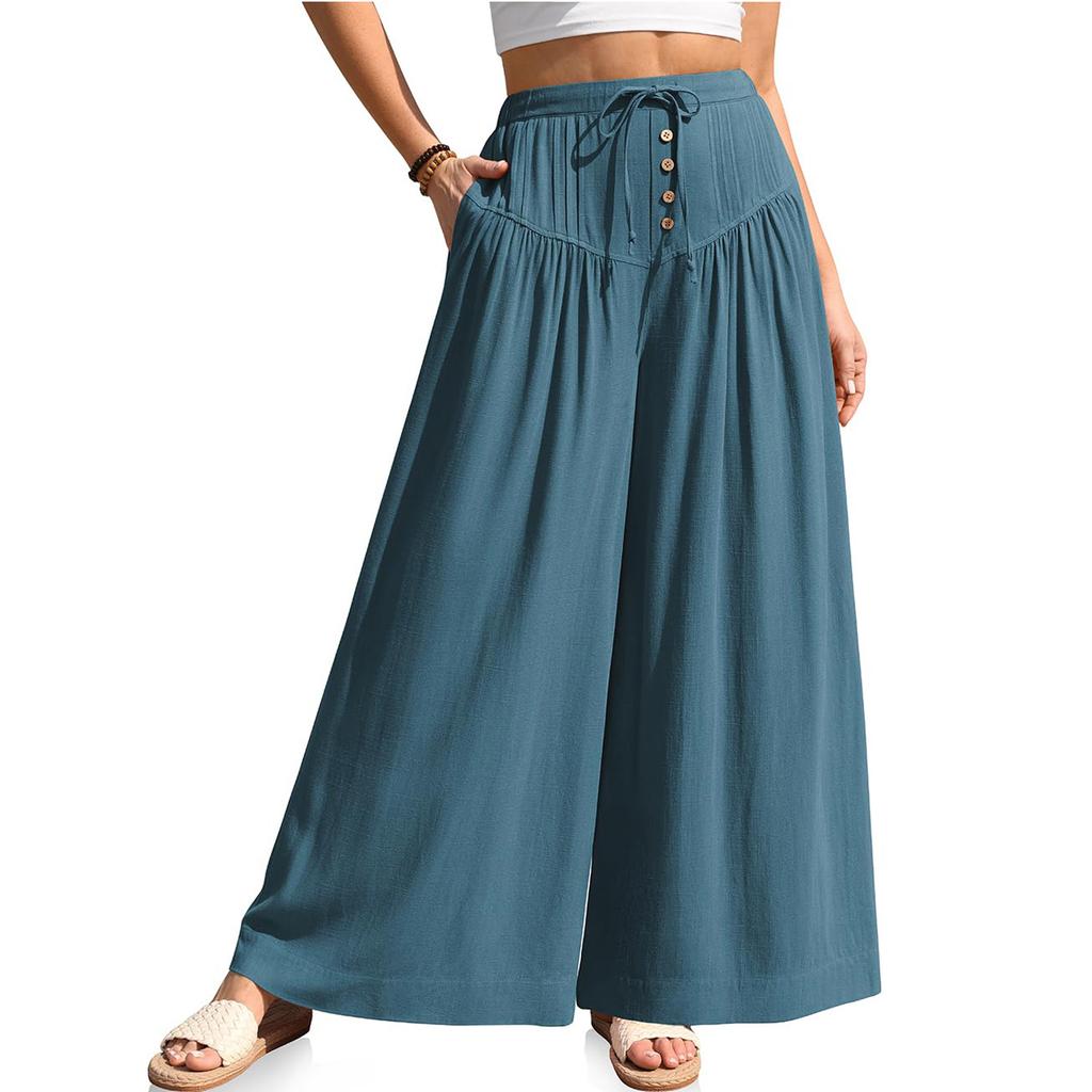 Women Elastic High Waist Pant Casual Fit Wide Leg Long Pants Trousers With Pockets