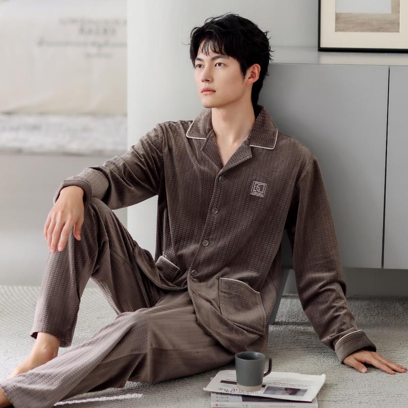 Island Fleece Pajamas Men'S Autumn And Winter Thin Fleece Warm Coral Fleece Loungewear Spring And Autumn Men'S Fleece Thickened Suit