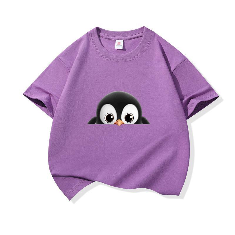 Kids Cotton T Shirt Cute Peeking Penguin Print Crew Neck Short Sleeve Tee Casual Breathable Boys Girls Summer Tops