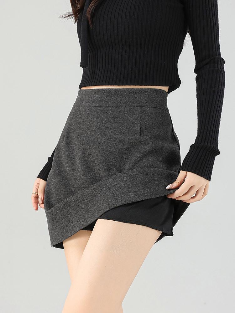 Grauer Halb-A-Linien-Rock aus Wollmischung: Damen Herbst/Winter High-Waist Schlankmachender Hüftbetonter Kurzer Rock