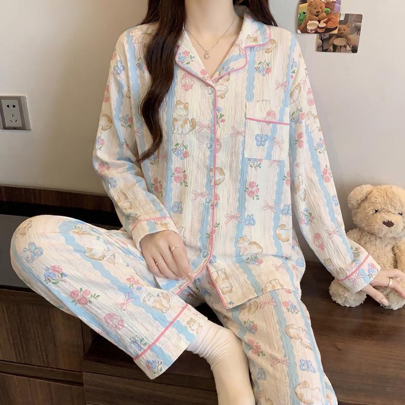 Color polka dot pajamas women's long-sleeved trousers spring and autumn cloud cotton suit casual cardigan simple loungewear