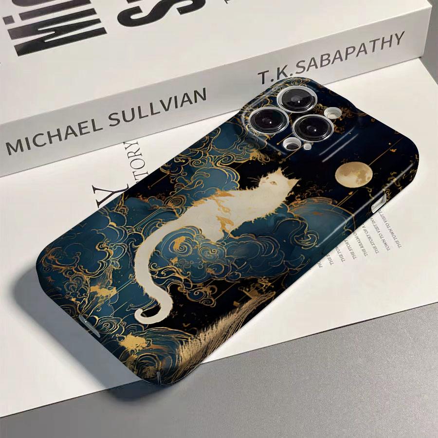 Luxury Moon Cat Glossy Film Hard PC Phone Case for Oppo A6 A5 A78 A3 A3X A60 A74 A38 A58 A96 A57 A76 A36 A17 A16e A55 Pro 4G 5G