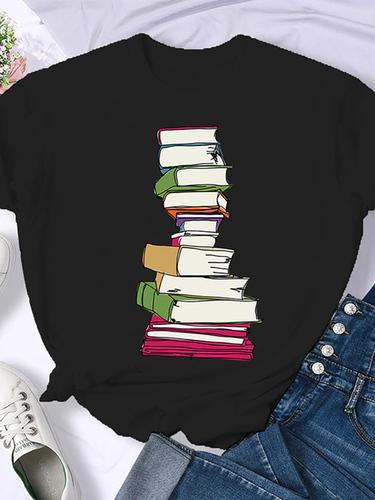Woman Plus Size Round Neck Half Sleeve T-shirt Printed T-shirt Top New T Shirt Coffee Books Brown Books American Retro T-shirt