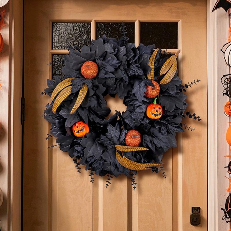 Eerie Season Artificial Black Maple Leaf And Pumpkins Wreath Weather Proof Halloween Door Hanger For Indoor Outdoor Use