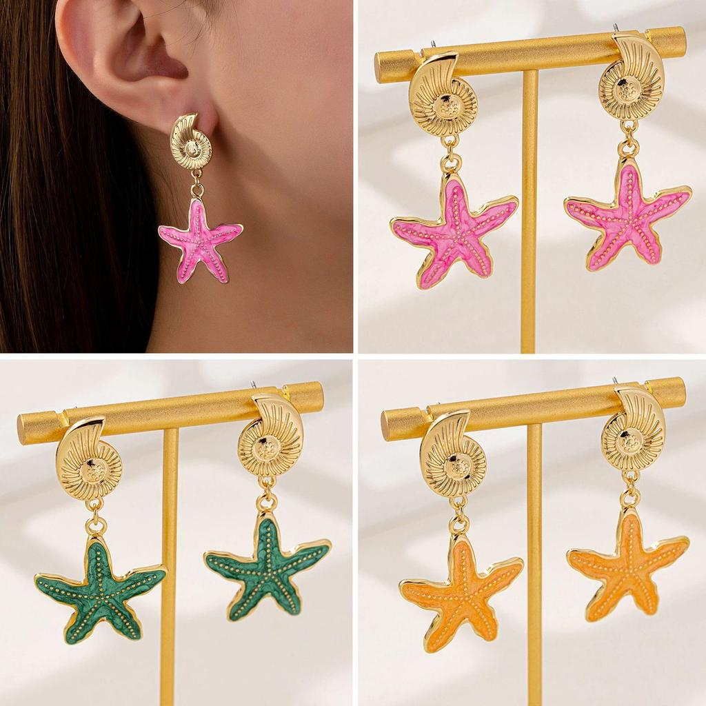 Ocean Starfish & Seashell Beach Earrings: European-American Childlike Metal Fashion