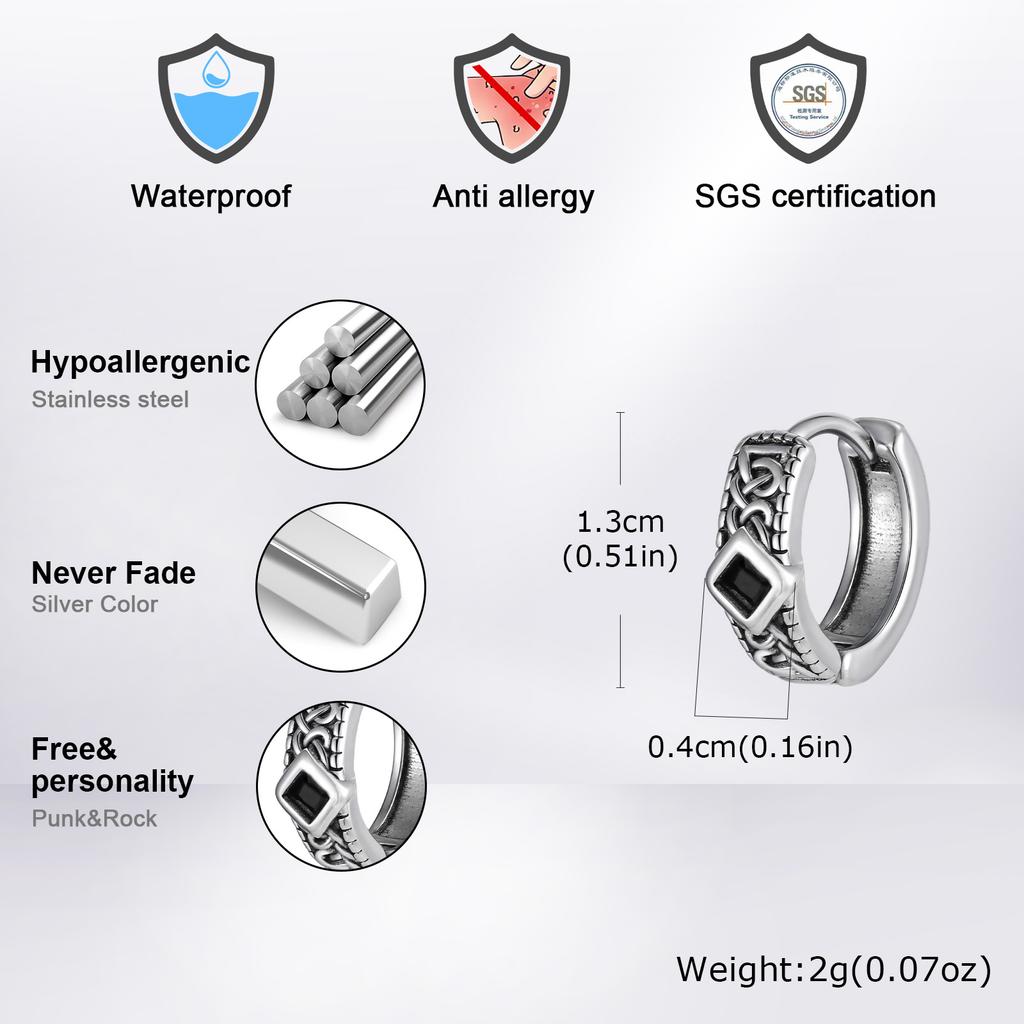 Vintage Vicking Hoop Earrings for Men Boys,Black Zircon Stainless Steel Huggies Hoop Earrings,Punk Jewelry Gift