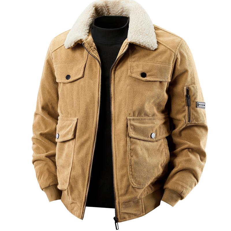 Men s Autumn 2025 Corduroy Lambswool Lapel Jacket - Thickened Velvet Winter Coat L (recommended 100-110 kg) хаки