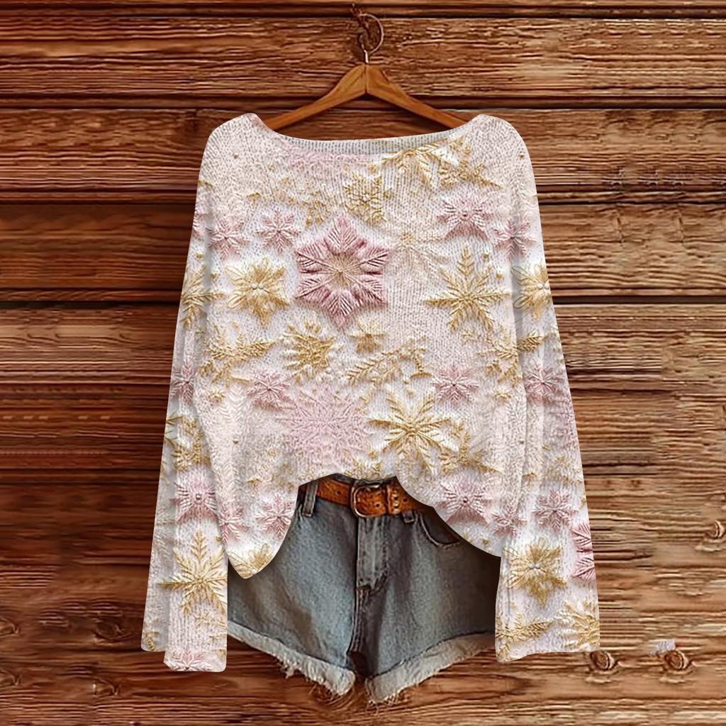 Ladies' Fashionable Casual Long Sleeved Christmas Printed Round Neck Knitted Yarn