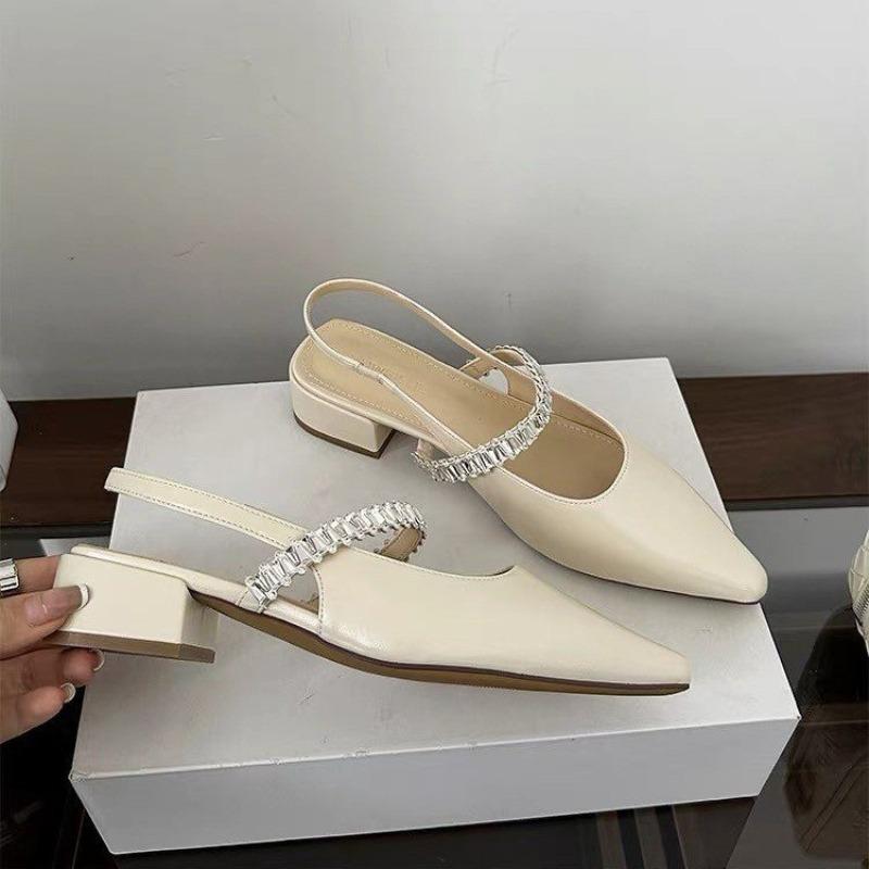 Fashion New Style Women' Concise Crystal Low Heel Sandals Slingback Pointed Toe Dress Office Shoes Woman Comfort Light Casual Slippers