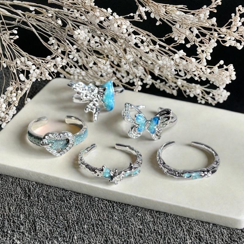 Neues Nischendesign Emaille Meerblau Öltropfen Schmetterling Offener Ring Liebesgürtel Zirkon Leichter Luxus Ring