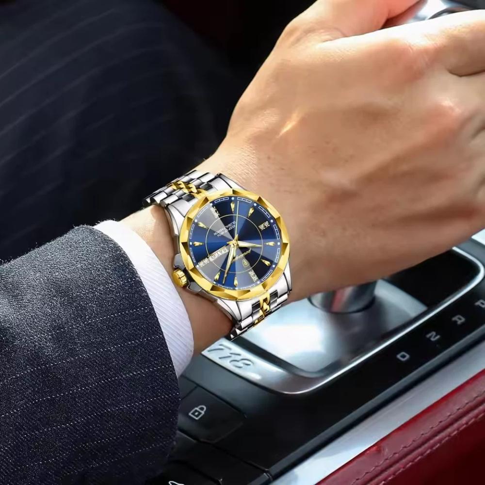 POEDAGAR Top Fashion Man Clock Business Waterproof Luminous Date Week Wristwatch Quartz Stainless Steel Casual Watches