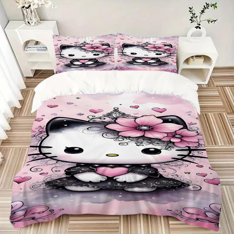 3pcs Pink Flowers & Hello Kitty Printed Bedding Set, Soft and Comfortable Quilt Cover for Bedroom, Guest Room (Not Included).S070