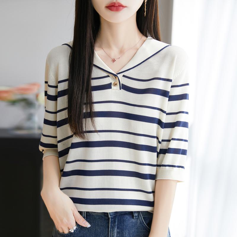 

Women Knit T-shirt MODERN NEW SAGA Summer Knitted Shirt Short Sleeve Tees Sailor Collar Pullover Knit Tops XL бежевий