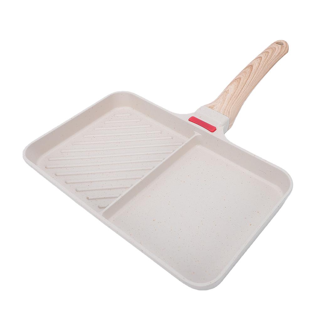 Poêle à Griller Divisée Alliage d'Aluminium Poêle à Griller Antiadhésive 2 Sections Poêle Polyvalente pour Petit-Déjeuner avec Manche en Bois