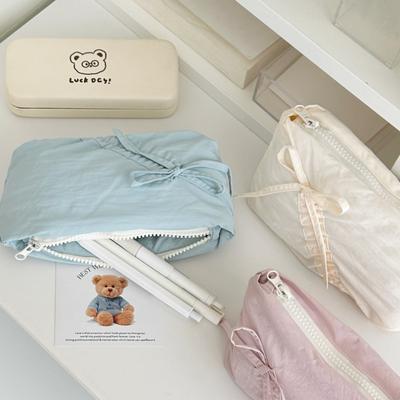 1 Piece Cute Bow Pencil Case for Girl Sweet Chic Solid Color Pencil Pouch Super Soft Large Capacity Stationery Organizer Bag