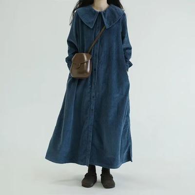 Women's Long Corduroy Dress New Spring Autumn Retro Fashion Ladies Dresses Single-Breasted Windbreaker Outerwear Female