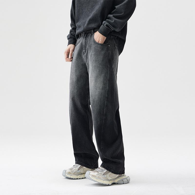 American black high street gradual change jeans men's autumn and winter tide brand loose washed straight pants old scimitar wide leg pants