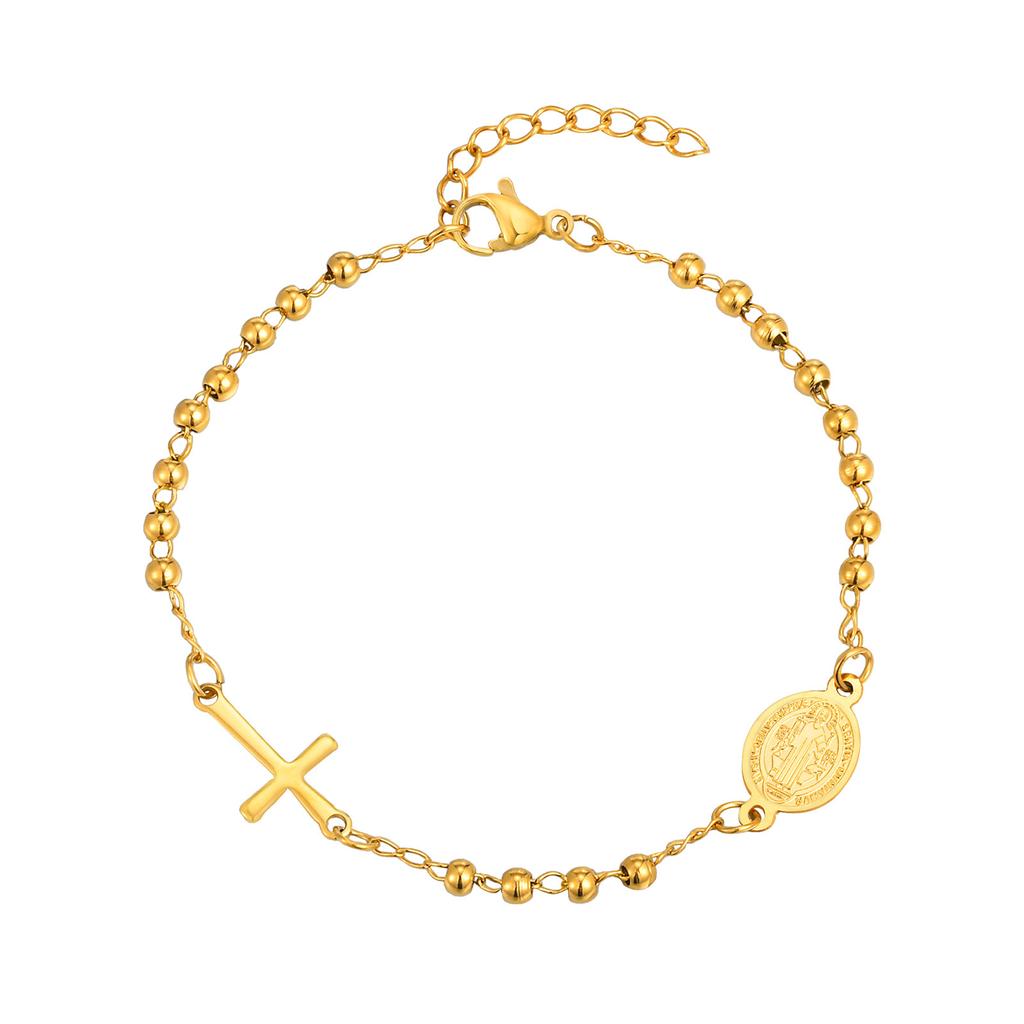 Edelstahl Jungfrau Maria St. Benedikt Kreuz Armband, Perlenkette Armband Damen Religiöser Schmuck