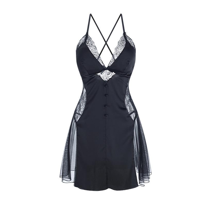 Women's Satin Lace Mesh Padded Cross Backless Sleep Dress with Robe Lounge Set
