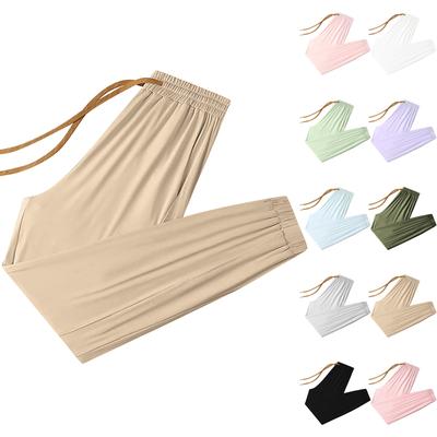 Calça feminina casual cor sólida elástica cintura reta casual com bolsos