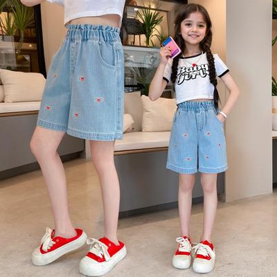 Girls Denim Shorts Summer Children's Simple Printed Bows Wear Shorts Mid-sleeved Pants 5-15 Years Old