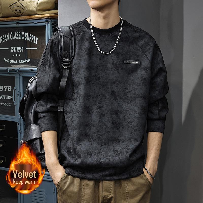 Herren Herbst Wildleder Plüsch Gestreifter Hoodie - Schwergewicht, Sportlich, Lässig Rundhals Pullover