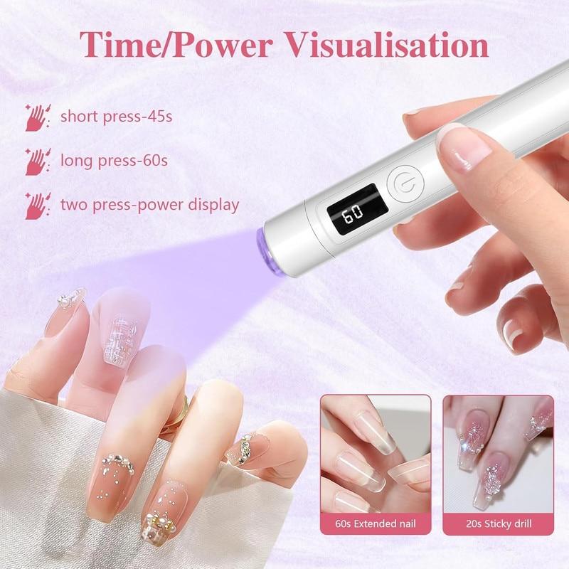 Mini UV Gel Nail Lamp Portable Rechargeable Nail Dryer for Gel Polish 20s/60s Dual Timer Modes with Stand and 4 Silicone Heads Home Manicure Kit