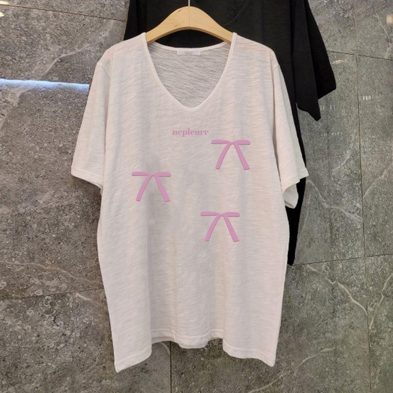 

Sweet Bow Printed Short-sleeved Women s Summer New Bamboo Cotton Hong Kong Style Loose and Versatile Top M
