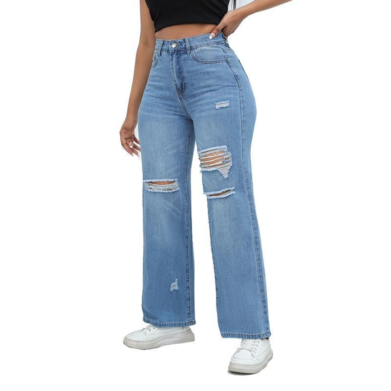 Elegant Mote Dame Ripped Jeans Ny Løs Avslappet Vide Ben Denim Bukser Kvinne Vintage Vår Høst Hull Bukser 901