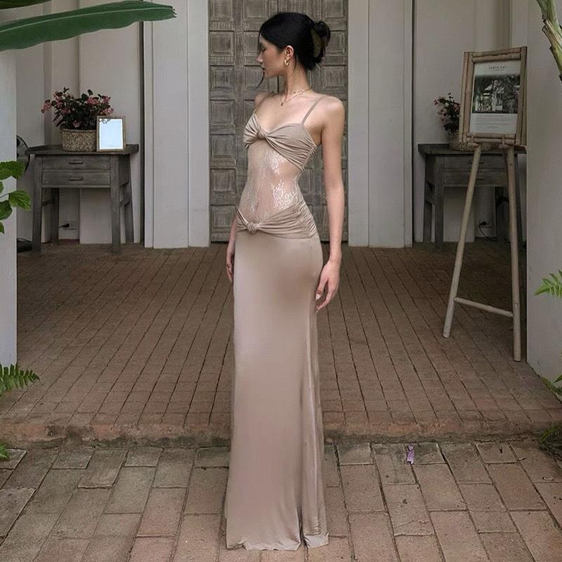 Nuevo Vestido de Verano con Tirantes Encaje Transparente Delgado Sexy Estilo Europeo y Americano