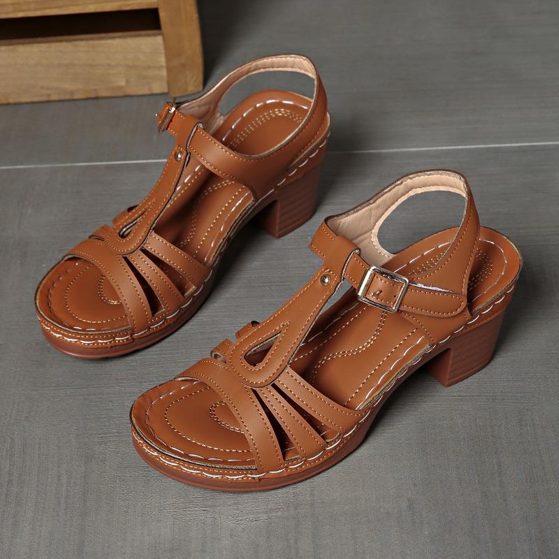 Summer Plus Size Sandals Women's New Round Toe Open Toe Cutout Car Stitch One Buckle Strap Block Heel Fish Mouth High Heels