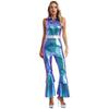 Women 70s Disco Costume Jumpsuit S-3XL - Shiny Metallic Lapel Collar Sleeveless High Waist Flared Disco Dance Singer Outfit