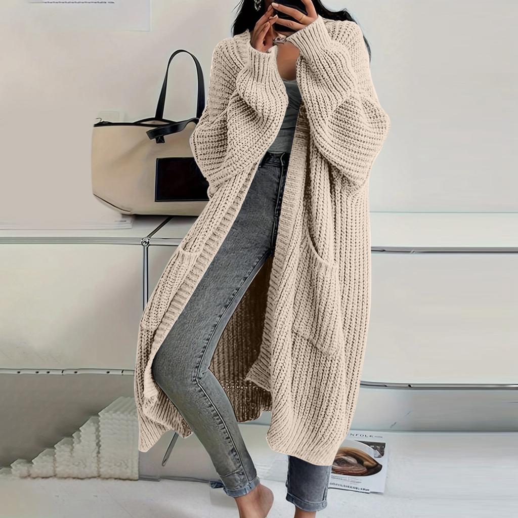 Women's Solid Color Long Sleeved Knee Length Knitted Cardigan, Lazy Trend, Medium Long Hair Jacket