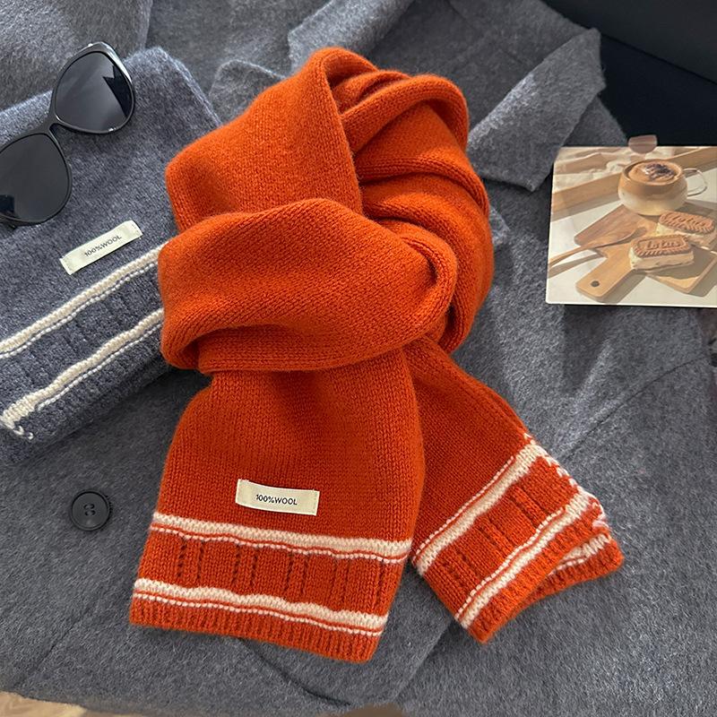 

Knitted Scarf Women Wool Winter Warm Scarves Stripe Splicing Solid Color Design Thickened Shawl Soft Cashmere Pashmina Neck 21x160cm