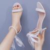 7 Cm White Beaded Streamer Sandals Thin Heel Fish Mouth Open Toe Mid-high Heel Sandals for Women with Shallow Mouth One-strip Women's Shoes